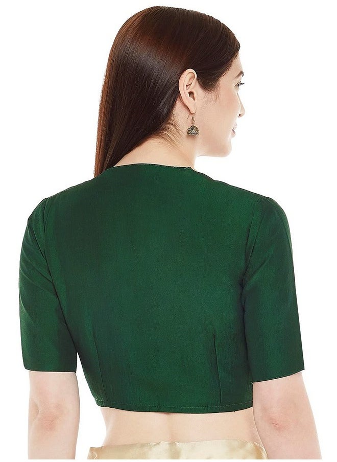 Studio Shringaar Women's Polyester Readymade Soft Solid Colored Saree Blouse with Short Sleeves(Bottle Green, 36)