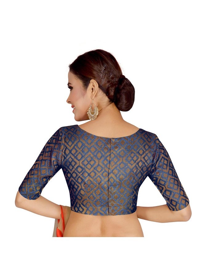 Studio Shringaar Women's Readymade Brocade Elbow Length Sleeves Saree Blouse (Navy Blue, 38)