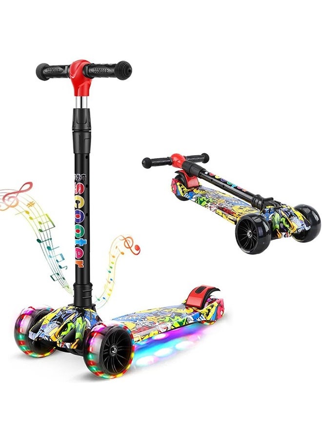 Kids Scooter, 4 Wheel Kick Scooter with Foldable & Height Adjustable Handle, Flashing Wheels & Music Pedal Light for Boys and Girls, Flash Skate Scooter for Kids Age 2-8 Years, k03