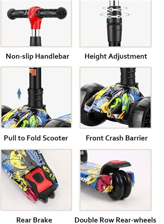 Kids Scooter, 4 Wheel Kick Scooter with Foldable & Height Adjustable Handle, Flashing Wheels & Music Pedal Light for Boys and Girls, Flash Skate Scooter for Kids Age 2-8 Years, k03