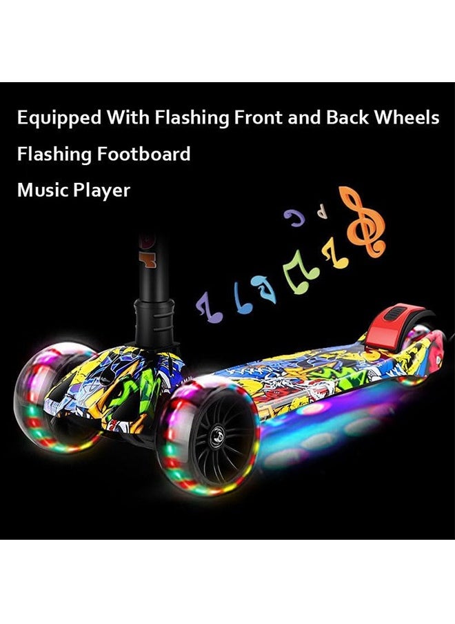 Kids Scooter, 4 Wheel Kick Scooter with Foldable & Height Adjustable Handle, Flashing Wheels & Music Pedal Light for Boys and Girls, Flash Skate Scooter for Kids Age 2-8 Years, k03