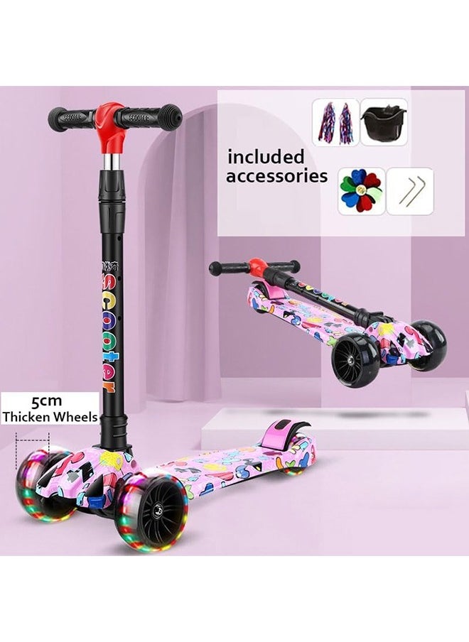 Kids Scooter, 4 Wheel Kick Scooter with Foldable & Height Adjustable Handle, Flashing Wheels & Music Pedal Light for Boys and Girls, Flash Skate Scooter for Kids Age 2-8 Years, k03