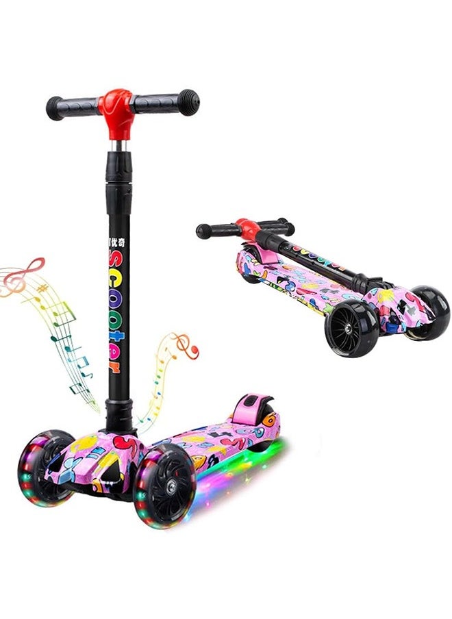 Kids Scooter, 4 Wheel Kick Scooter with Foldable & Height Adjustable Handle, Flashing Wheels & Music Pedal Light for Boys and Girls, Flash Skate Scooter for Kids Age 2-8 Years, k03