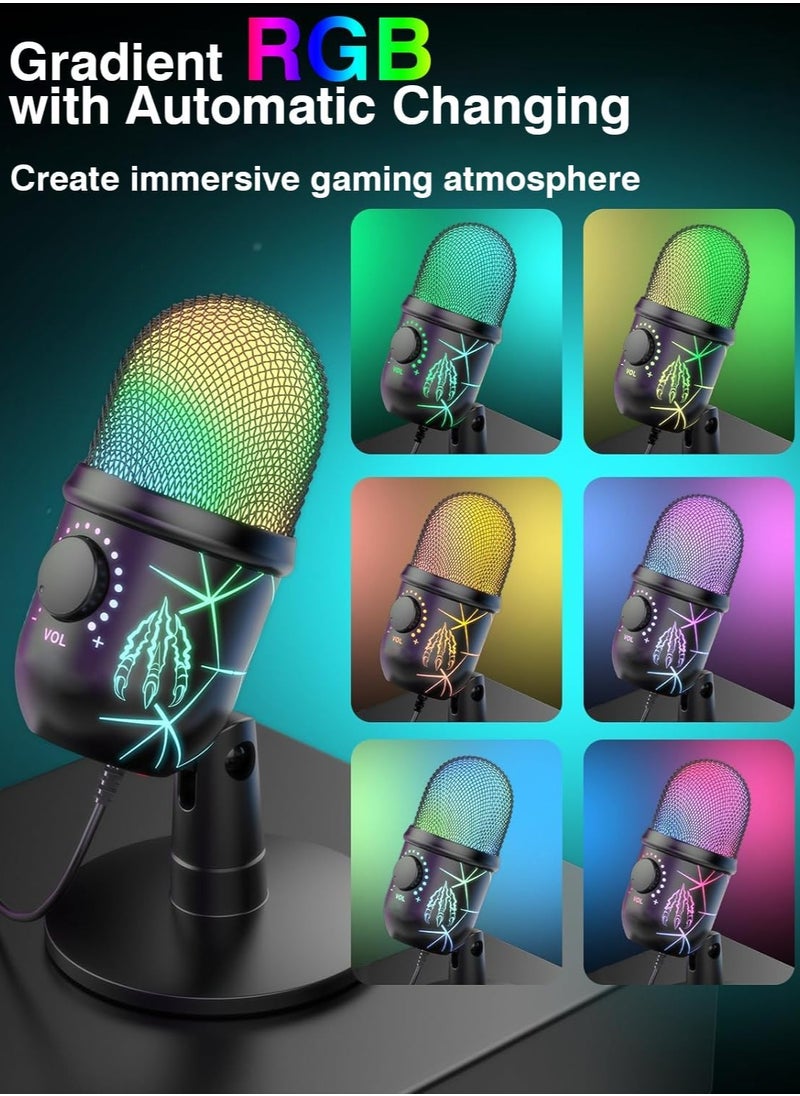 USB Microphone, Plug and Play Gaming Mic for PC, Mac, PS4/5, Podcast Microphone with RGB, Mute, Monitor, Noise Reduction, Volume Gain, Great for Recording, Streaming