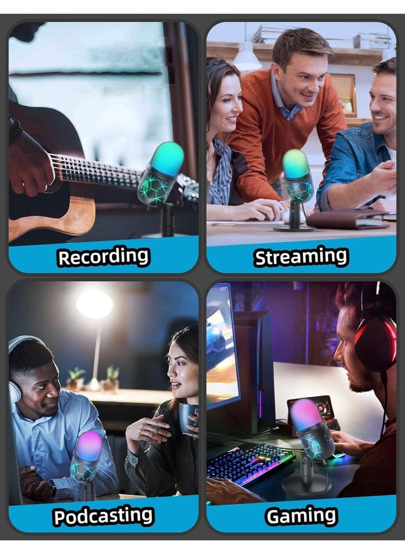 USB Microphone, Plug and Play Gaming Mic for PC, Mac, PS4/5, Podcast Microphone with RGB, Mute, Monitor, Noise Reduction, Volume Gain, Great for Recording, Streaming