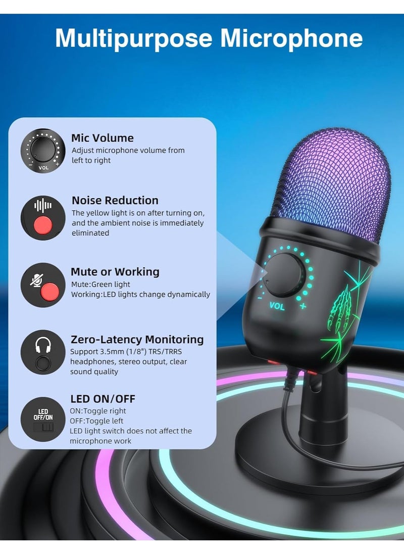 USB Microphone, Plug and Play Gaming Mic for PC, Mac, PS4/5, Podcast Microphone with RGB, Mute, Monitor, Noise Reduction, Volume Gain, Great for Recording, Streaming