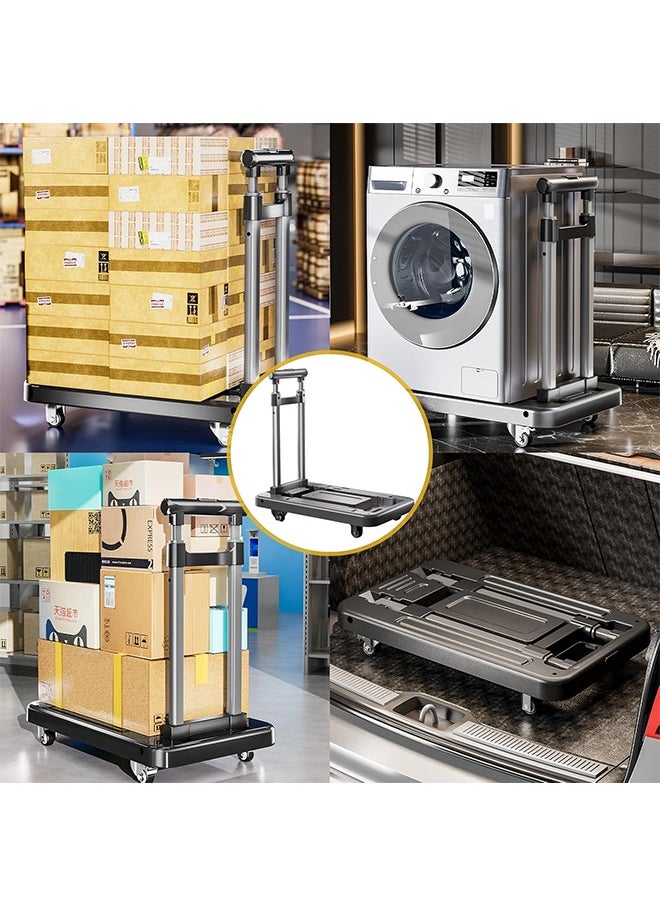 Folding Hand Truck, 4 Wheels Solid Construction Heavy Duty Utility Cart, Portable Fold Up Dolly, Compact and Lightweight for Luggage, Personal, Travel, Moving and Office Use