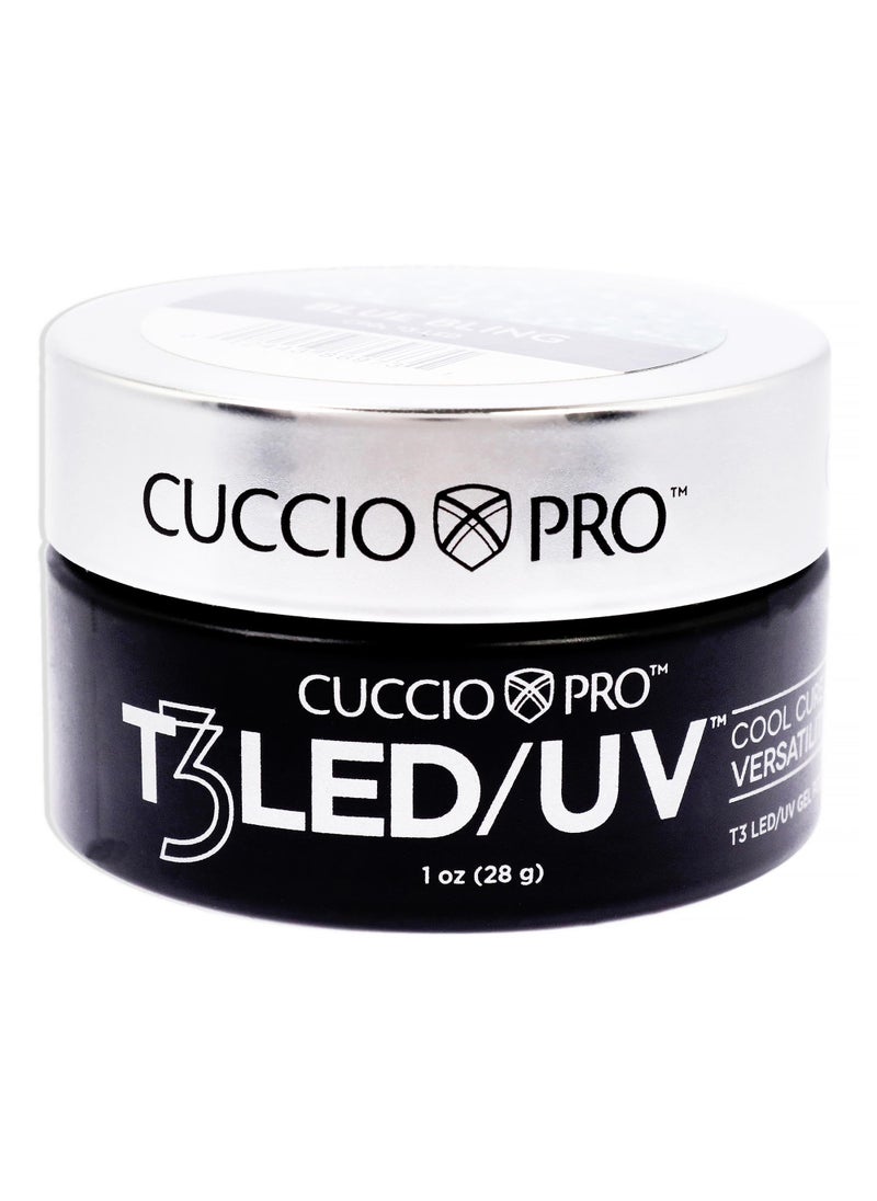 Cuccio Pro T3 LED/UV Cool Cure Versatility Gel - Self-Levelling - Incredibly Flexible - Strong Adhesion - High Shine Finish - Fast Application - Quick Cure - Blue Bling - 1 Oz Nail Gel