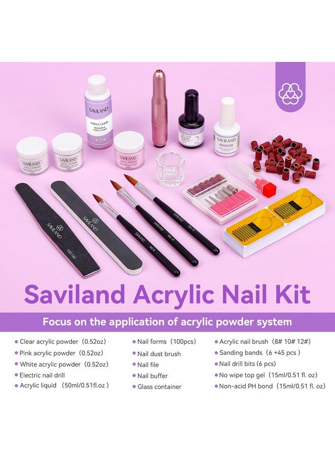 SAVILAND Acrylic Nail Kit with Drill, 15g Clear/White/Pink Acrylic Powder and Liquid Set with Nail Drill Acrylic Nail Brush Nail Forms Dappen Dish, Easy to Use Acrylic Nail Supplies for Beginners