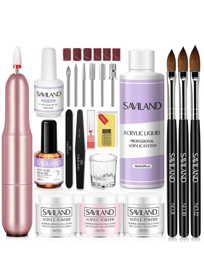 SAVILAND Acrylic Nail Kit with Drill, 15g Clear/White/Pink Acrylic Powder and Liquid Set with Nail Drill Acrylic Nail Brush Nail Forms Dappen Dish, Easy to Use Acrylic Nail Supplies for Beginners