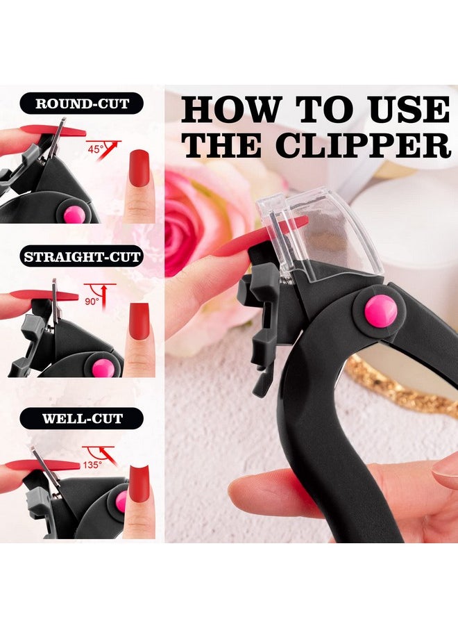 Belleboost Adjustable Acrylic Nail Clippers with Sizer, Catcher and Length Measurement, Black Professional Dial Stainless Steel Blade Nail Tips Cutter, Fake Nail Trimmer, Manicure Tool for Salon Home