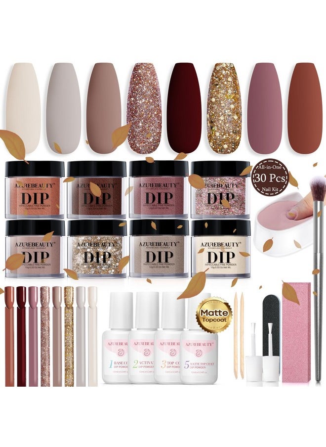 AZUREBEAUTY 30Pcs Dip Powder Nail Kit Starter with Nail Sticks, 8 Colors Christmas Winter Nude Brown Glitter, Dipping Powder Liquid Set with Matte/Base/Top Coat Activator for French Manicure Salon
