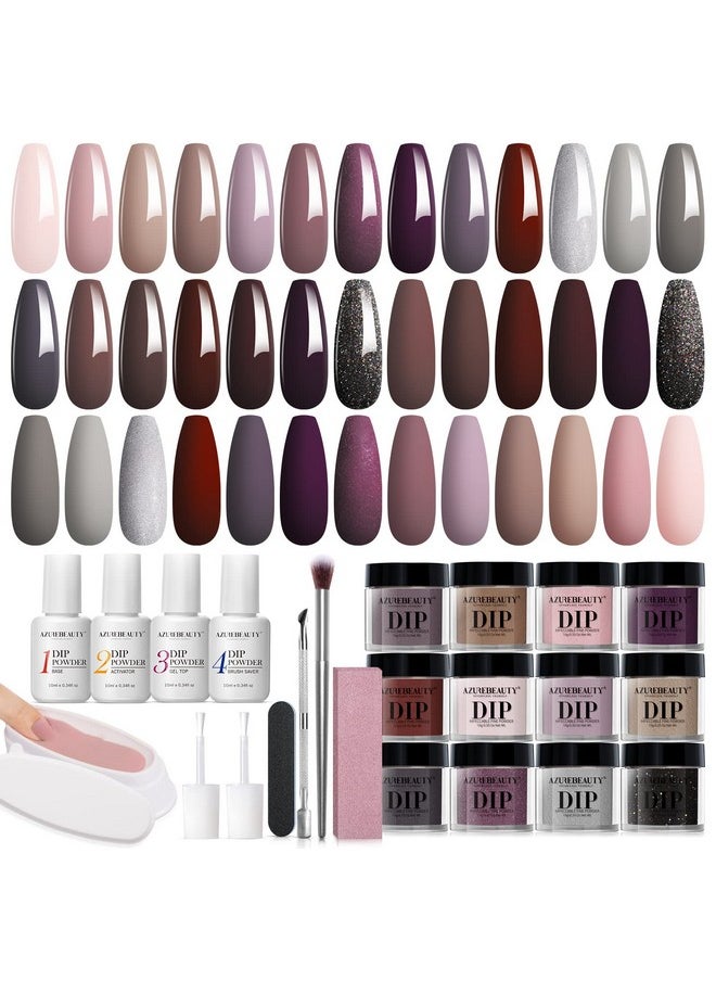 Dip Powder Nail Starter Kit AZUREBEAUTY, Nude Pink Brown Grey Dipping Powder 20 Dark Light Trend Colors Set Recycling Tray Liquid Top Base Coat Activator for French Nail Art Manicure Salon 31 PCS