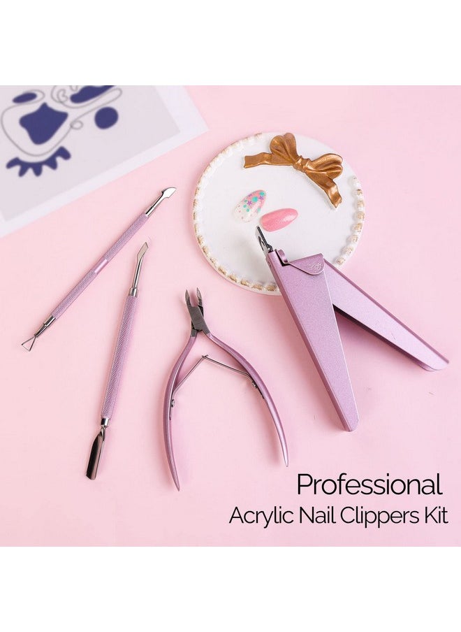 Melodysusie Acrylic Nail Clippers 4 in 1 Set, Adjustable Stainless Steel Nail Clippers for Acrylic Nails Tips, Professional Cuticle Nipper Cutter Cuticle Pusher Remover, Pink