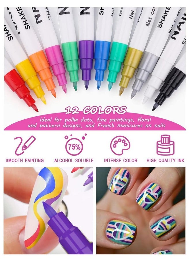 12 Color 3D Nail Art Pens Set, Kalolary Nail Polish Pens Nail Point Graffiti Dotting Pen Drawing Painting Liner Brush for DIY Nail Art Beauty Adorn Manicure Tools(A)