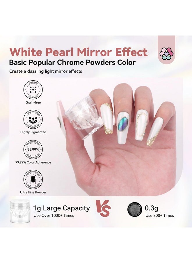 Saviland White Pearl Chrome Nail Powder: 1g Metallic Mirror Effect Chrome Powder for Nails Aurora Mermaid Chrome Nail Powder for Gel Polish Nail Art Decoration Pearl Glitter Pigment Dust Kit Home DIY