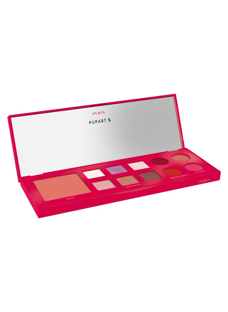 Pupa Milano Pupart S Makeup Palette, 003 Red, 0.4 oz - Versatile Makeup Kit - Blush for Cheeks - Eyeshadow - Lip Gloss - Lip Cream - Face Makeup