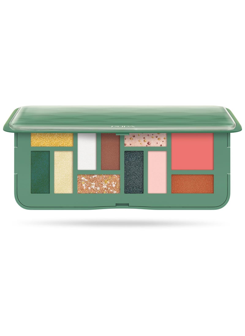 Pupa Milano Make-Up Palette M, 002 Green, 0.42 oz - Eyeshadow Palette with Matte, Shimmer, Metallic Finishes - Highly Pigmented Eyeshadow, Blush Palette - 11 Blendable Eye Makeup Shades - Talc-Free