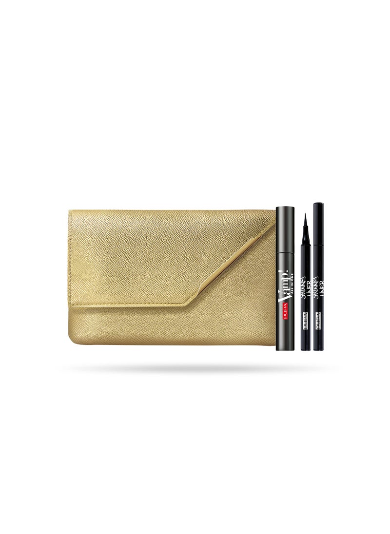 PUPA Milano Vamp! All In One And Skinny Liner Set - Volume Mascara And Ultra-Slim Eyeliner Pen - Naturally Formulated To Lengthen And Strengthen Lashes - Beautiful Gold Handbag - 3 Pc Mascara Kit