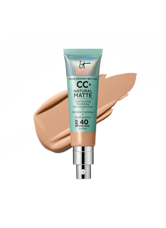 IT Cosmetics CC+ Cream Natural Matte Foundation with SPF 40 - Shine-Reducing & Long-Wear Full Coverage Foundation For Oily Skin - With Hyaluronic Acid - Non-Comedogenic, Neutral Medium - 1.08 fl oz