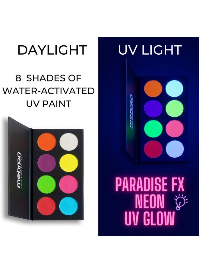 Mehron Makeup Paradise FX Neon UV Glow 8 Color Palette | Magnetic Refillable Special Effects Paint Palette | Professional Water Activated Paint for Raves, Costumes, SFX, Halloween, & Cosplay