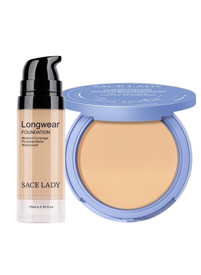 SACE LADY 2Pcs Face Make Up Set, Flawless Matte Foundation and Oil Control Pressed Powder, Lasting Coverage Waterproof Natural Cosmetics Kit