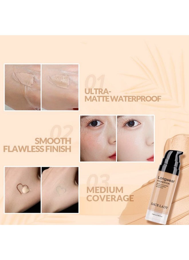 SACE LADY 2Pcs Face Make Up Set, Flawless Matte Foundation and Oil Control Pressed Powder, Lasting Coverage Waterproof Natural Cosmetics Kit