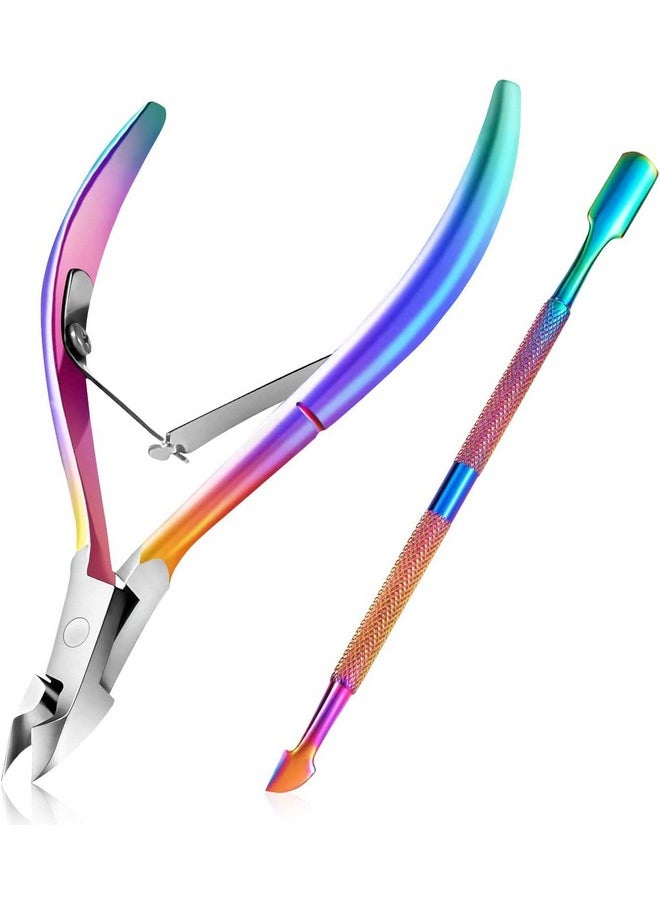 Easkep Cuticle Trimmer with Cuticle Pusher, Cuticle Remover Professional Stainless Steel Cuticle Cutter Nippers Rainbow Sharp Sturdy Pedicure Manicure Tools for Fingernails and Toenails 1