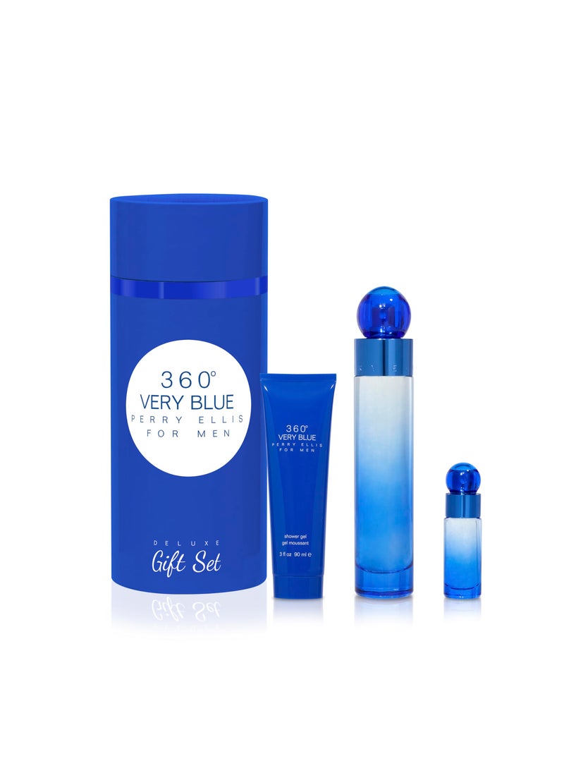 Perry Ellis 360 Very Blue for Men - 3 Pc Gift Set 3.4oz EDT Spray, 0.25oz EDT Spray, 3oz Shower Gel
