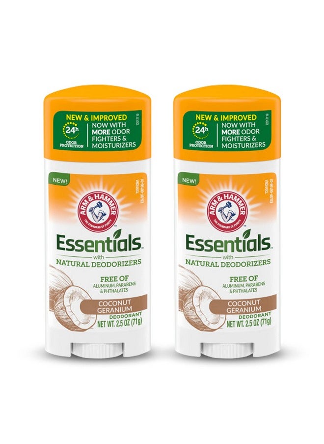 ARM & HAMMER Essentials Deodorant - Made with Natural Deodorizers - Coconut Geranium - Free From Aluminum, Parabens & Phthalates, 2.5 oz (Pack of 2)
