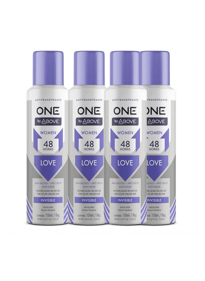 ABOVE 48 Hours One Antiperspirant Deodorant, Love, 4 Pc - Dry Spray Deodorant for Women - Antiperspirant Spray - No Stain - Cruelty-Free