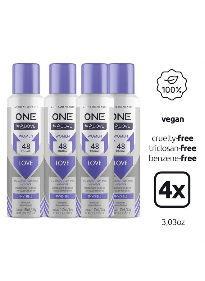 ABOVE 48 Hours One Antiperspirant Deodorant, Love, 4 Pc - Dry Spray Deodorant for Women - Antiperspirant Spray - No Stain - Cruelty-Free