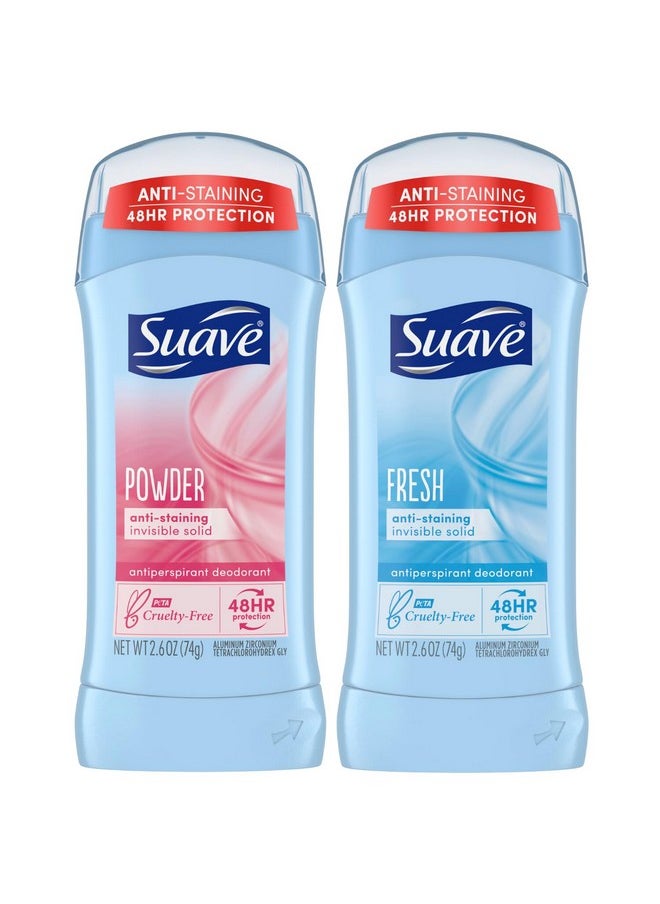 Suave Deodorant Antiperspirant for Women, Variety Pack - Powder + Fresh, Invisible Solid, 48H Protection, Anti-Staining, 2.6 Oz Ea (2 Piece Set)
