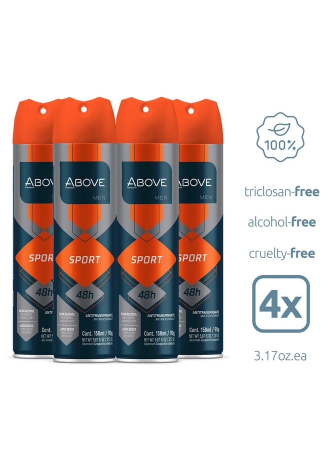 ABOVE 48 Hours Antiperspirant Deodorant, Sport, 4 Pc - Dry Spray Deodorant for Men - Floral Scent - Antiperspirant Spray - No Stain - Cruelty-Free