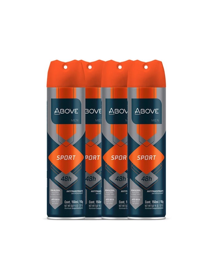 ABOVE 48 Hours Antiperspirant Deodorant, Sport, 4 Pc - Dry Spray Deodorant for Men - Floral Scent - Antiperspirant Spray - No Stain - Cruelty-Free