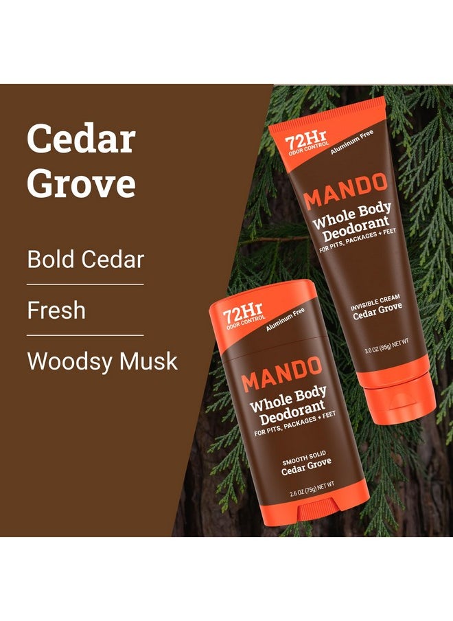 Mando Whole Body Deodorant - Invisible Cream Tube and Solid Stick - 72 Hour Odor Control - Aluminum Free, Baking Soda Free, Skin Safe - 3.0 Ounce Tube and 2.6 Ounce Solid Stick Bundle - Cedar Grove