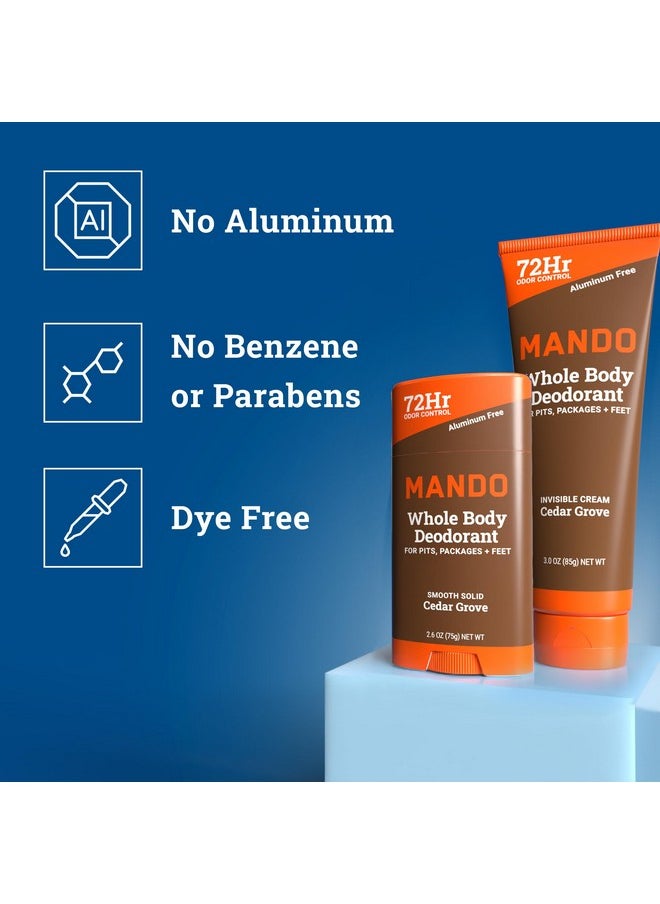 Mando Whole Body Deodorant - Invisible Cream Tube and Solid Stick - 72 Hour Odor Control - Aluminum Free, Baking Soda Free, Skin Safe - 3.0 Ounce Tube and 2.6 Ounce Solid Stick Bundle - Cedar Grove
