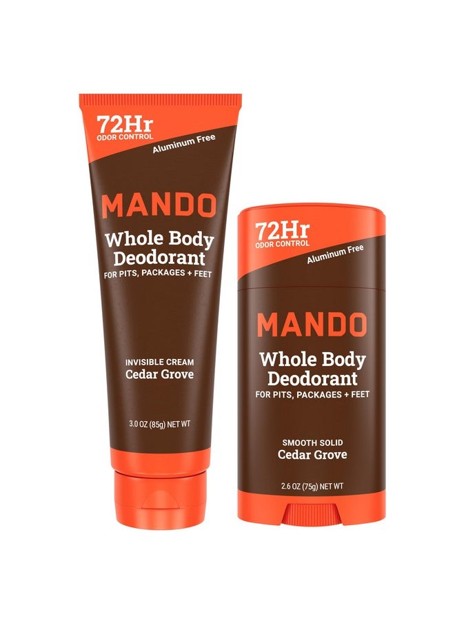 Mando Whole Body Deodorant - Invisible Cream Tube and Solid Stick - 72 Hour Odor Control - Aluminum Free, Baking Soda Free, Skin Safe - 3.0 Ounce Tube and 2.6 Ounce Solid Stick Bundle - Cedar Grove