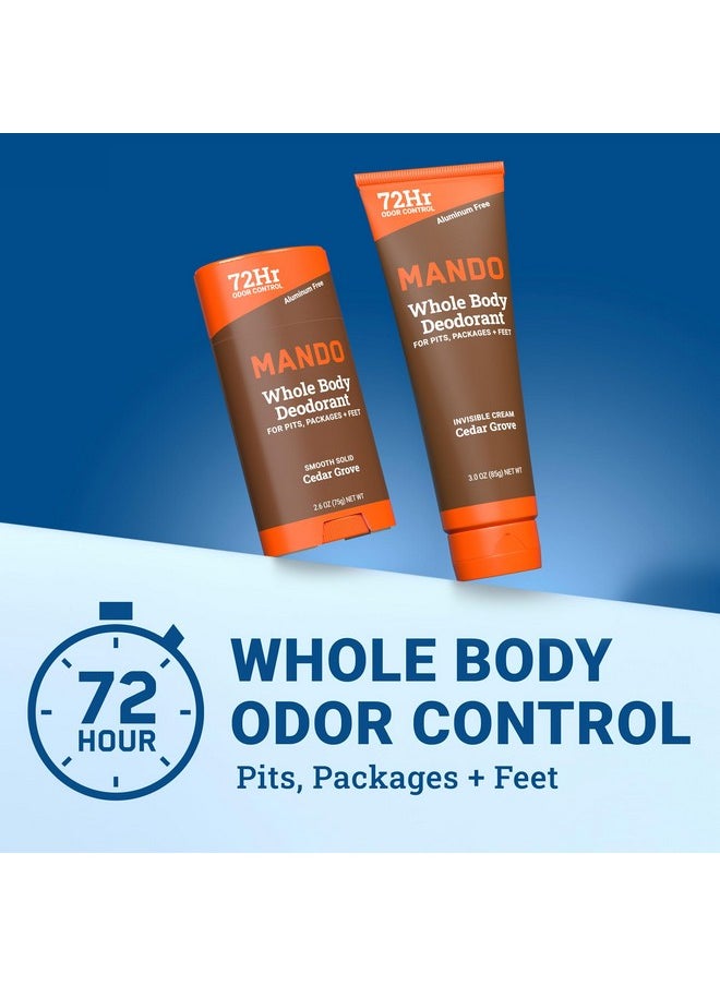 Mando Whole Body Deodorant - Invisible Cream Tube and Solid Stick - 72 Hour Odor Control - Aluminum Free, Baking Soda Free, Skin Safe - 3.0 Ounce Tube and 2.6 Ounce Solid Stick Bundle - Cedar Grove