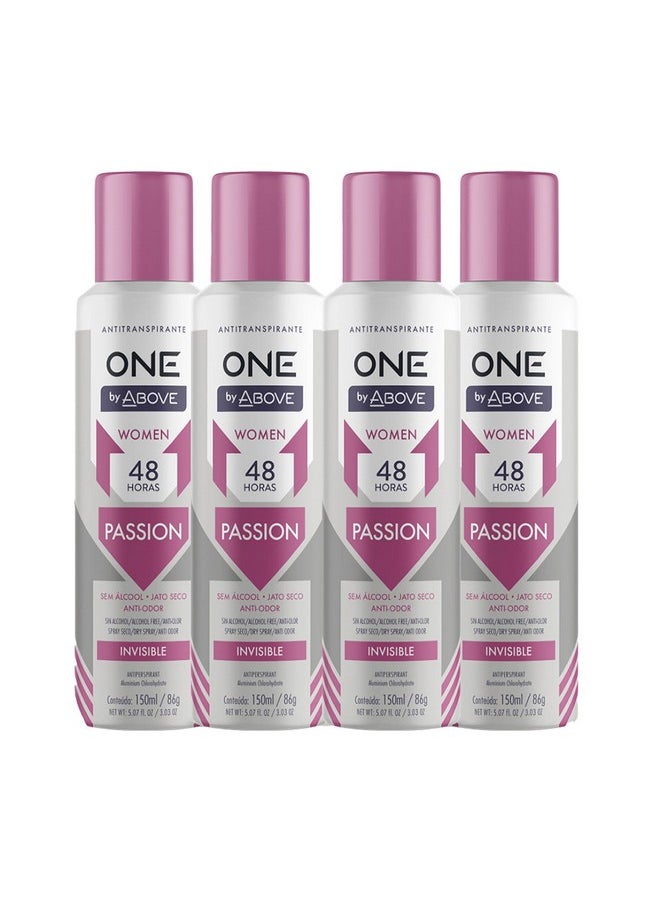 ABOVE 48 Hours One Antiperspirant Deodorant, Passion, 4 Pc - Dry Spray Deodorant for Women - Antiperspirant Spray - No Stain - Cruelty-Free