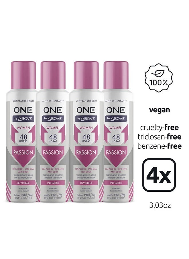 ABOVE 48 Hours One Antiperspirant Deodorant, Passion, 4 Pc - Dry Spray Deodorant for Women - Antiperspirant Spray - No Stain - Cruelty-Free