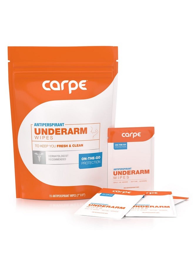 Carpe Antiperspirant Underarm Wipes for Sweat Blocking, Deodorizing, and Cleansing When You’re On the Move - 15 Residue Free, Individually Wrapped Wipes - Clean and Refreshing Scent