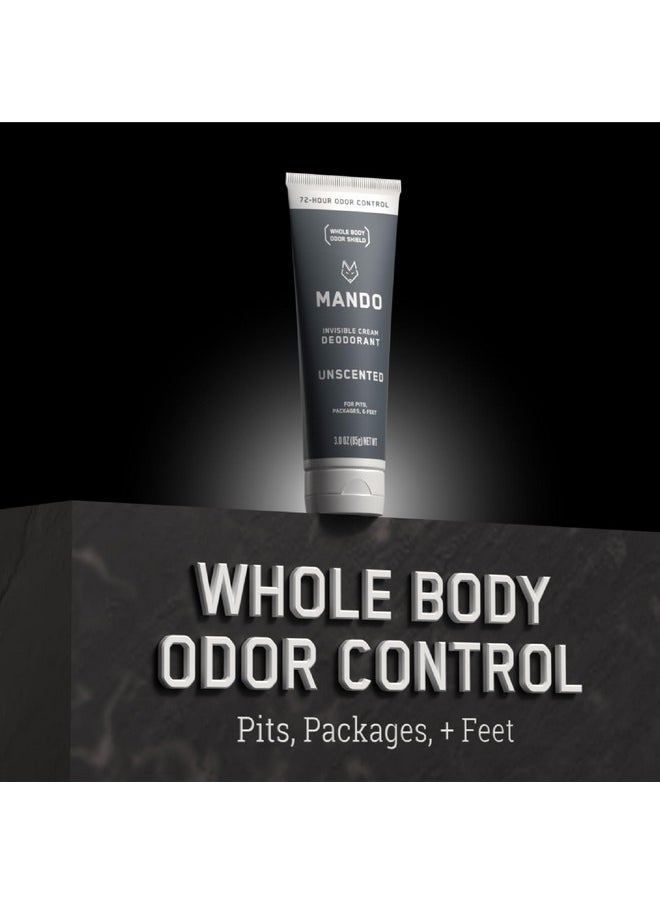 Mando Whole Body Deodorant - Invisible Cream Tube and Solid Stick - 72 Hour Odor Control - Aluminum Free, Baking Soda Free, Skin Safe - 3.0 Ounce Tube and 2.6 Ounce Solid Stick Bundle - Unscented