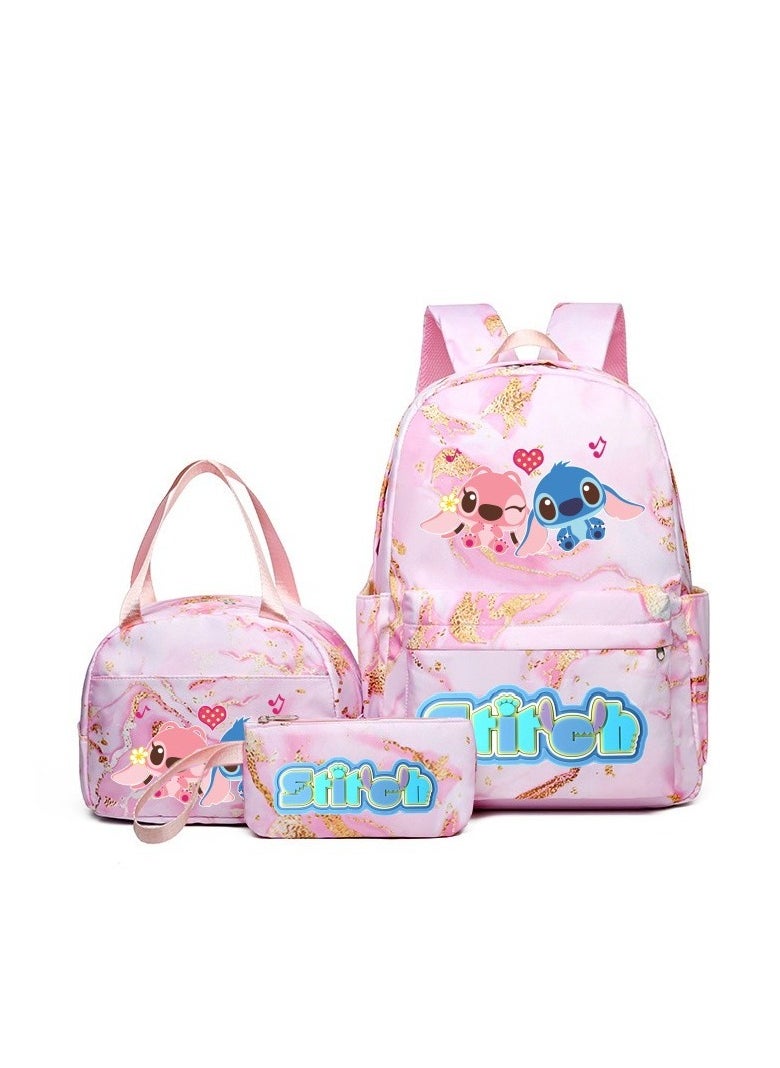 Stitch Golden Quicksand Texture Schoolbag Waterproof Primary and Secondary School Student Backpack Youth Travel Backpack 31*43*15CM + Lunch Bag 27*20*20CM + Pencil Case Three-piece Set