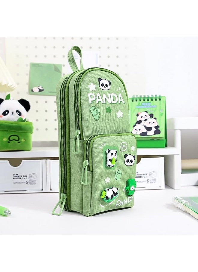 SAJANI Three Layer School Bag-Shaped Pencil Pouch, Large-Capacity Pencil Pouch with Zipper, Multipurpose Pen & Pencil Pouch for School Supplies for Boys & Girls (Pack of 1) (Panda - Green)