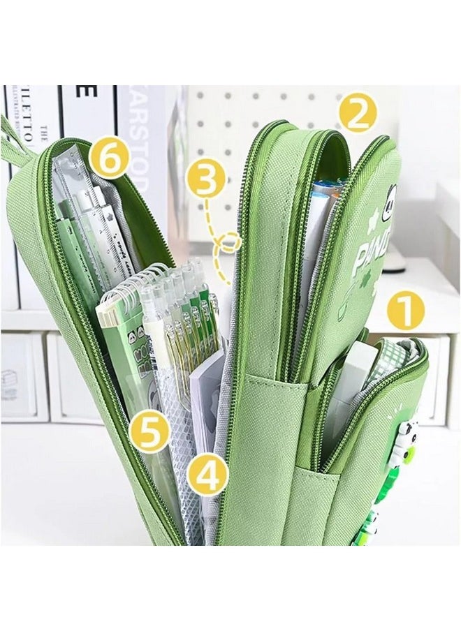 SAJANI Three Layer School Bag-Shaped Pencil Pouch, Large-Capacity Pencil Pouch with Zipper, Multipurpose Pen & Pencil Pouch for School Supplies for Boys & Girls (Pack of 1) (Panda - Green)