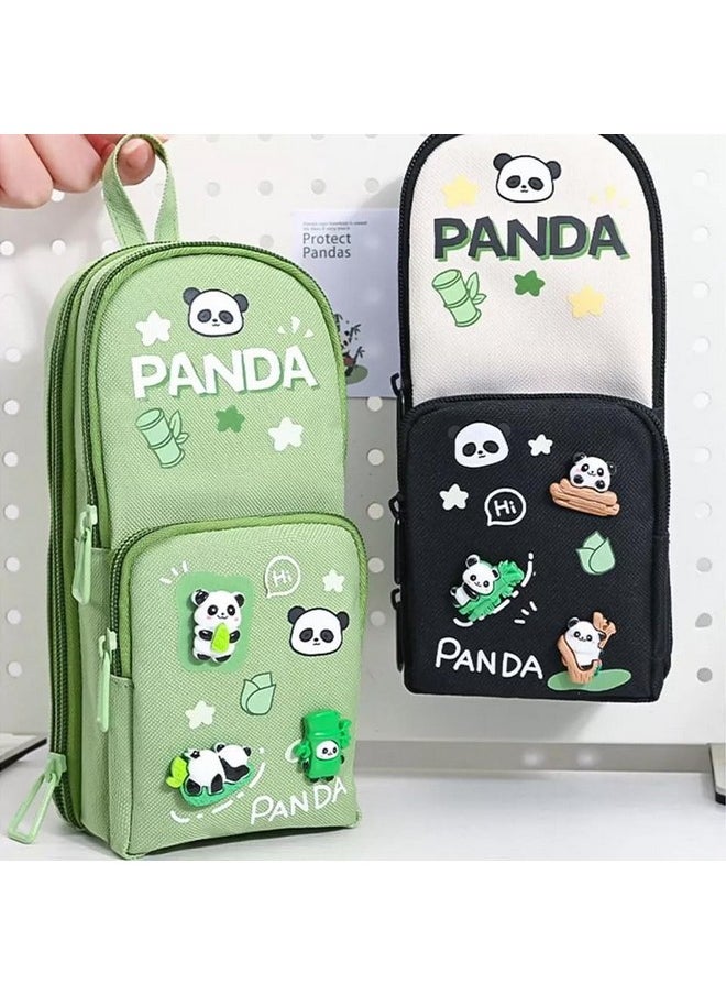 SAJANI Three Layer School Bag-Shaped Pencil Pouch, Large-Capacity Pencil Pouch with Zipper, Multipurpose Pen & Pencil Pouch for School Supplies for Boys & Girls (Pack of 1) (Panda - Green)