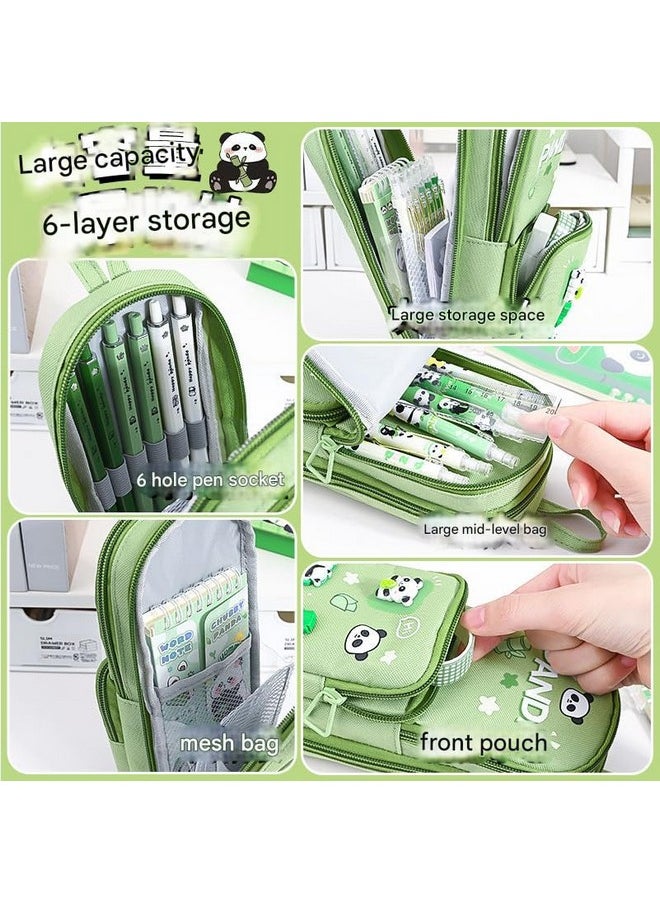 SAJANI Three Layer School Bag-Shaped Pencil Pouch, Large-Capacity Pencil Pouch with Zipper, Multipurpose Pen & Pencil Pouch for School Supplies for Boys & Girls (Pack of 1) (Panda - Green)