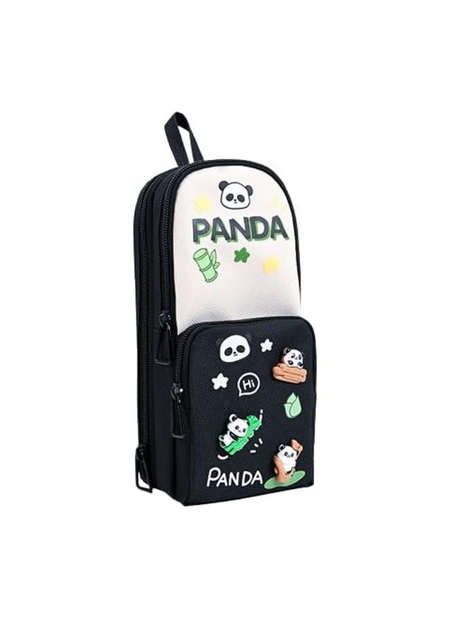 SAJANI Three Layer School Bag-Shaped Pencil Pouch, Large-Capacity Pencil Pouch with Zipper, Multipurpose Pen & Pencil Pouch for School Supplies for Boys & Girls (Pack of 1) (Panda - Black)
