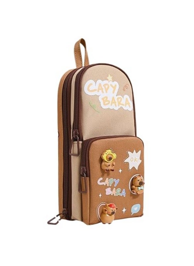 SAJANI Three Layer School Bag-Shaped Pencil Pouch, Large-Capacity Pencil Pouch with Zipper, Multipurpose Pen & Pencil Pouch for School Supplies for Boys & Girls (Pack of 1) (Capybara)